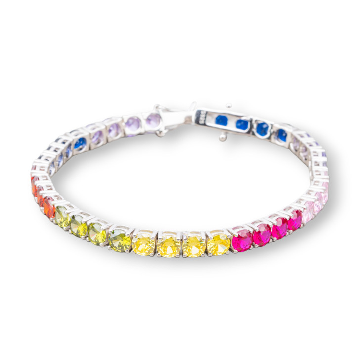 Bracciale Di Argento 925 Tennis Con Zircone Tondo da 5,0mm Lunghezza 18,5cm Rodiato Multicolor