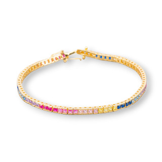 Tennisarmband aus 925 Silber mit 3 mm quadratischen Zirkonen, Länge 18,5 cm, mehrfarbiger goldener Farbverlauf