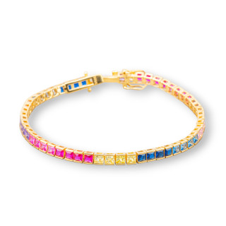 Pulsera Tennis De Plata 925 Con Circonitas Cuadradas De 4mm Largo 18.5cm Degradado Dorado Multicolor