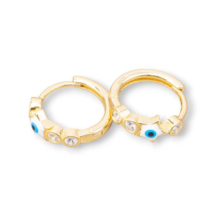 925 Silver Stud Earrings with Eye of Allah Star Circle 5x16mm 2 Pairs Golden Light Blue