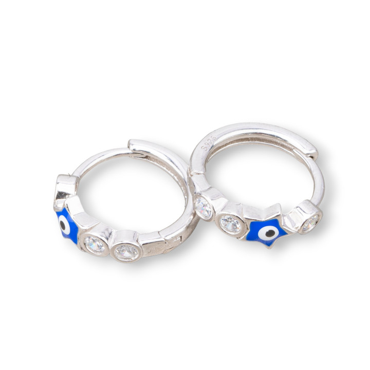 Pendientes De Botón De Plata 925 Con Ojo De Alá Estrella Círculo 5x16mm 2 Pares Rodiados Azul