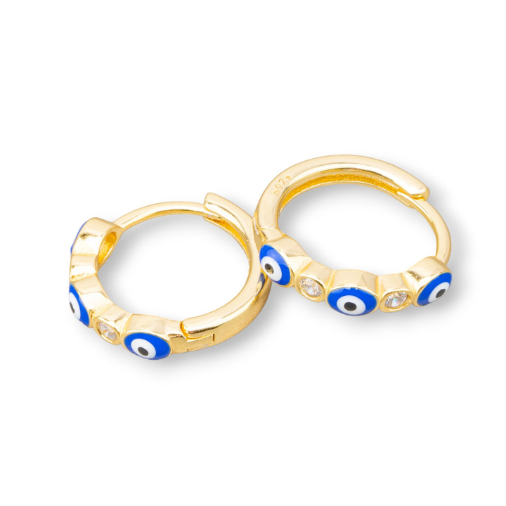 Boucles d'Oreilles Tiges Argent 925 Oeil d'Allah Cercle Rond 3.5x16mm 2 Paires Bleu Doré