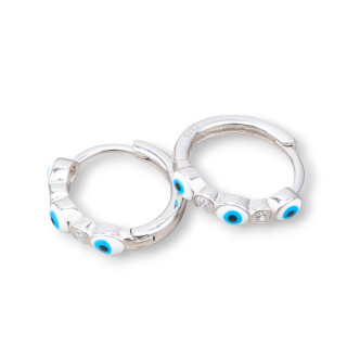 925 Silver Stud Earrings with Allah's Eye Round Circle 3.5x16mm 2 Pairs Rhodium Plated Light Blue