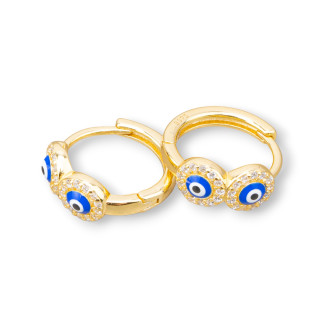 925 Silver Stud Earrings with Allah's Eye Round Circle 9x17mm 2 Pairs Golden Blue