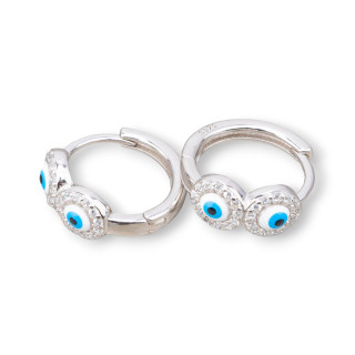 925 Silver Stud Earrings with Eye of Allah Round Circle 9x17mm 2 Pairs Rhodium Plated Light Blue