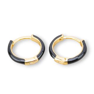 925 Silver Stud Earrings with Enamelled Circle 3x16mm 2 Pairs Golden Black