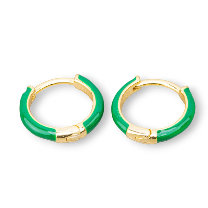 Aretes De Plata 925 Con Círculo De Esmalte 3x16mm 2 Pares Verde Dorado