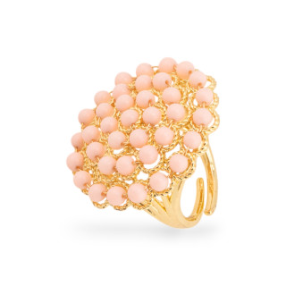 Anello Regolabile in Bronzo Dorato Collezione GAIA Filigrana | Gioiello Artigianale Donna 30mm Pasta Di Corallo Rosa