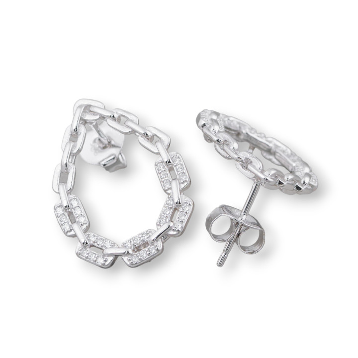Sockel für Ohrstecker aus Silber 925 mit Micropave-Zirkon-Tropfenkette 16 x 22 mm, 2 Paar rhodiniert
