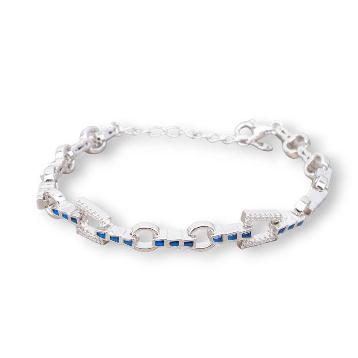 Bracciale Di Argento 925 'Amelia' Con Zircone Trapezio E Catena Larghezza 8mm Lunghezza 17cm+3cm Rodiato Blu