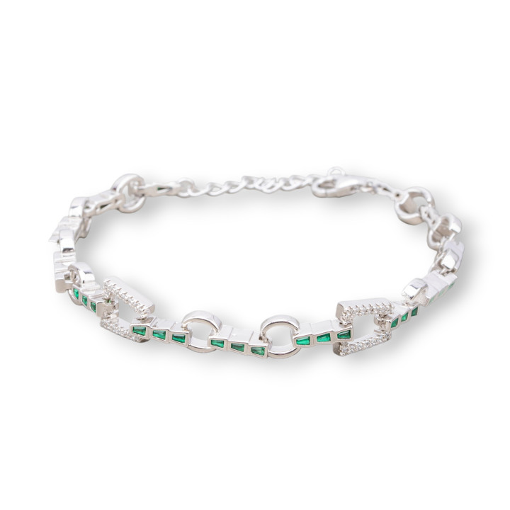 Pulsera de Plata 925 'Amelia' Con Zirconia Trapecio Y Cadena Ancho 8mm Largo 17cm+3cm Rodiada Verde