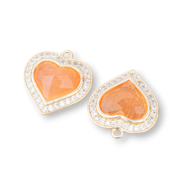 Pendentif Bronze Oeil de Chat Serti Coeur 18mm Avec 1 Anneau 6pcs Doré Orange