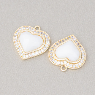 Pendentif Bronze Oeil de Chat Serti Coeur 18mm Avec 1 Anneau 6pcs Doré Blanc