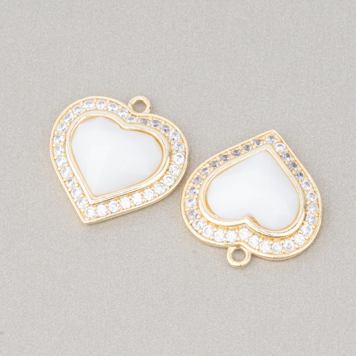 Componente Colgante De Bronce Con Ojo De Gato Conjunto Corazón 18mm Con 1 Anillo 6 Piezas Blanco Dorado