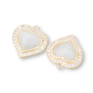 Componente Pendente Di Bronzo Con Occhio Di Gatto Incastonati Cuore 18mm Con 1 Anellino 6pz Dorato Bianco Caldo