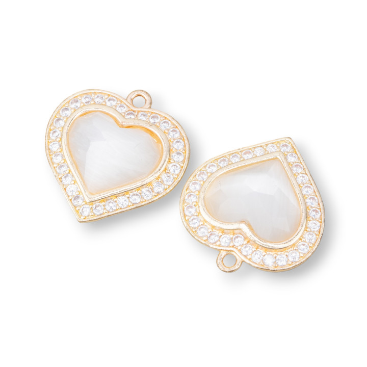 Pendentif Bronze Oeil de Chat Serti Coeur 18mm Avec 1 Anneau 6pcs Doré Blanc Glace