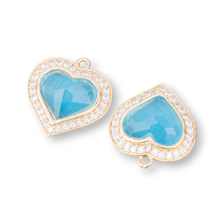 Componente Pendente Di Bronzo Con Occhio Di Gatto Incastonati Cuore 18mm Con 1 Anellino 6pz Dorato Celeste