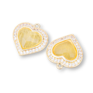 Componente Colgante De Bronce Con Juego De Ojo De Gato Corazón 18mm Con 1 Anillo 6 Piezas Chapado En Oro Amarillo