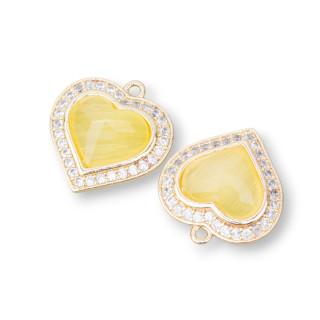 Χάλκινο μενταγιόν Εξάρτημα Με Σετ Γατίσιο Μάτι Καρδιά 18mm Με 1 Δαχτυλίδι 6τμχ Ice Yellow Golden