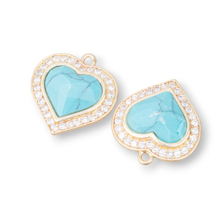 Pendentif Bronze Oeil de Chat Serti Coeur 18mm Avec 1 Anneau 6pcs Doré Magnésite Turquoise