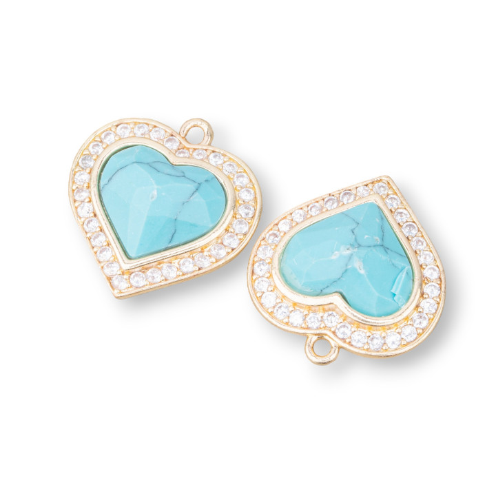 Pendentif Bronze Oeil de Chat Serti Coeur 18mm Avec 1 Anneau 6pcs Doré Magnésite Turquoise