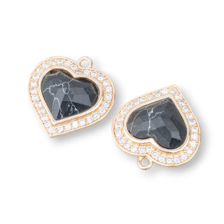 Pendentif Bronze Oeil de Chat Serti Coeur 18mm Avec 1 Anneau 6pcs Pâte Obsidienne Dorée