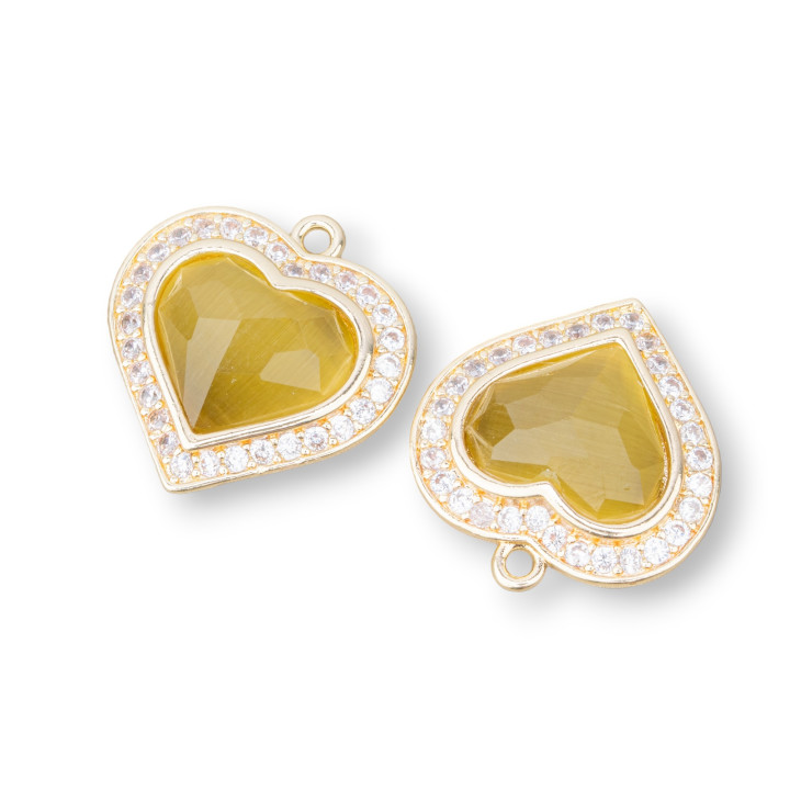 Bronze Pendant Component With Cat's Eye Set Heart 18mm With 1 Ring 6pcs Mustard Golden