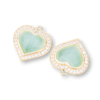 Componente Pendente Di Bronzo Con Occhio Di Gatto Incastonati Cuore 18mm Con 1 Anellino 6pz Dorato Verde Acqua