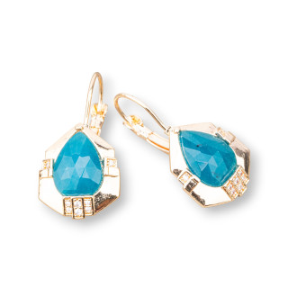 Bronze Lever Earrings with Semi-precious Stones Set 16x32mm Golden Blue Jade