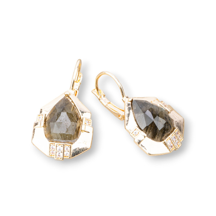 Boucles d'Oreilles Crochet Bronze Sertie de Pierres Dures 16x32mm Labradorite Dorée