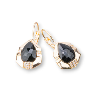 Pendientes Gancho De Bronce Engastados Con Piedras Duras 16x32mm Onyx Dorado