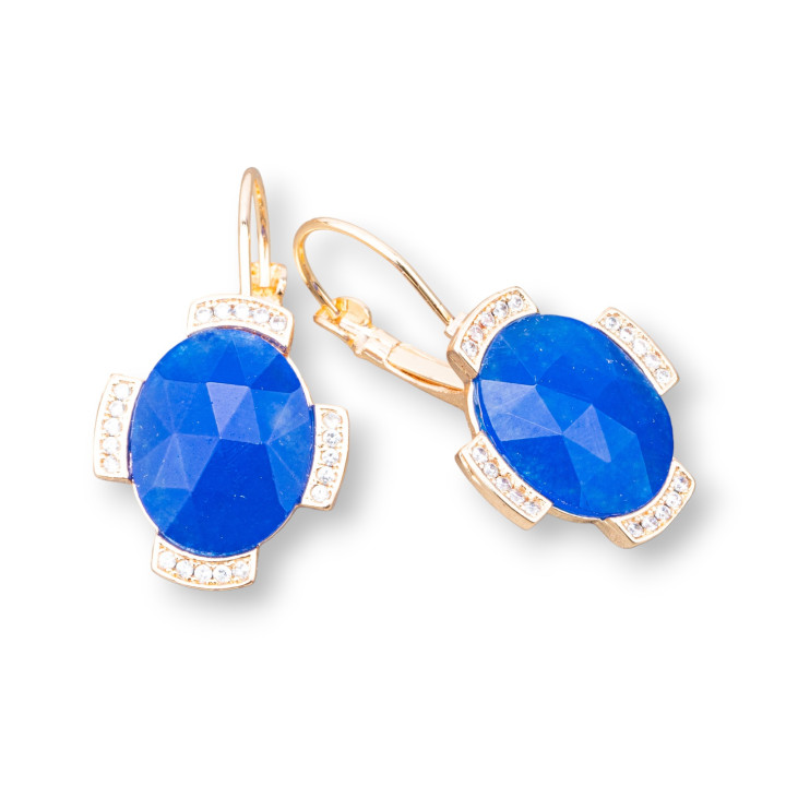 Bronze Leverback Earrings with Semi-precious Stones Set 18x32mm Golden Blue Jade