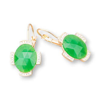 Pendientes Gancho De Bronce Engastados Con Piedras Duras 18x32mm Jade Verde Dorado