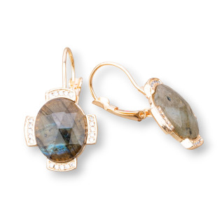 Pendientes Gancho De Bronce Engastados Con Piedras Duras 18x32mm Labradorita Dorada
