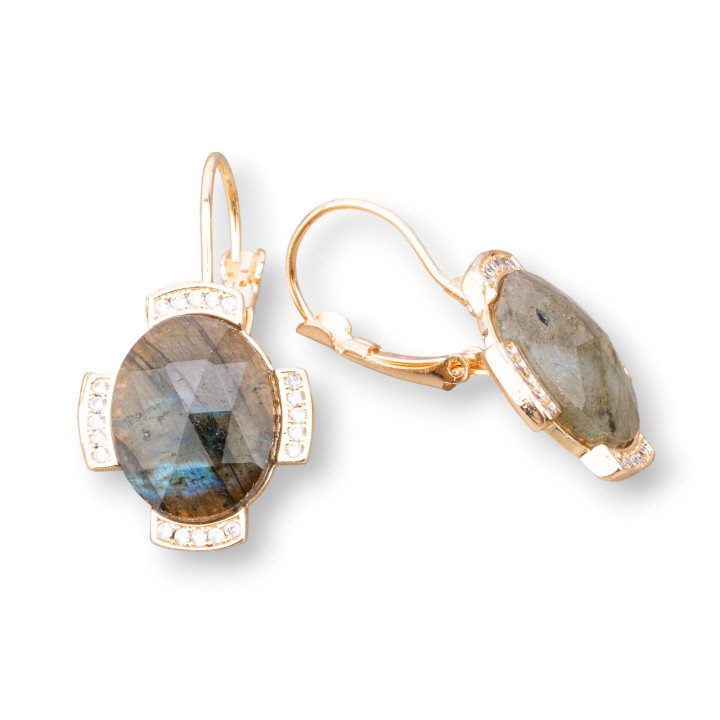 Boucles d'Oreilles Crochet Bronze Sertie de Pierres Dures 18x32mm Labradorite Dorée