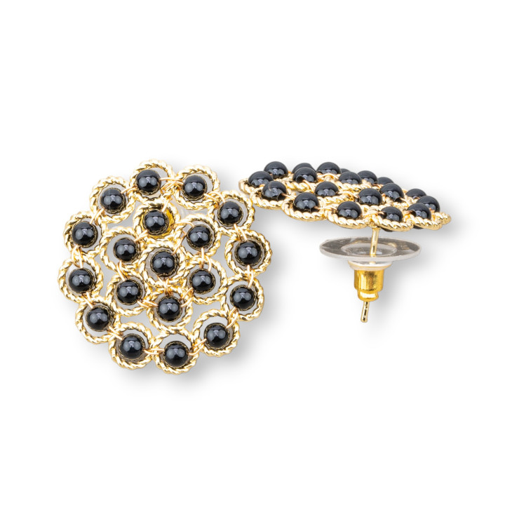 Bronze Stud Earrings With Linked Beads 24mm Onyx