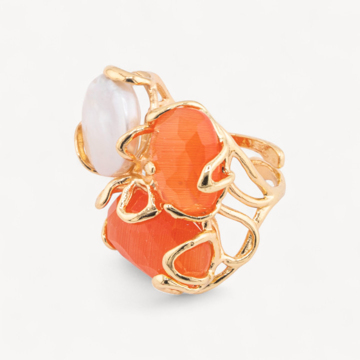 Anillo De Bronce Con Ojo De Gato 32x36mm Tamaño Ajustable Con Perlas Naranja Golden River
