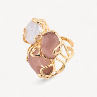 Bronze Ring With Cat's Eye 32x36mm Adjustable Size With Golden River Pearls Powder