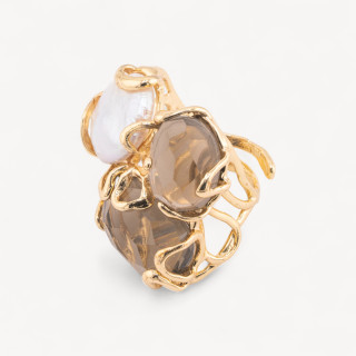 Bronze Ring With Cat's Eye 32x36mm Adjustable Size With Smoked Golden River Pearls