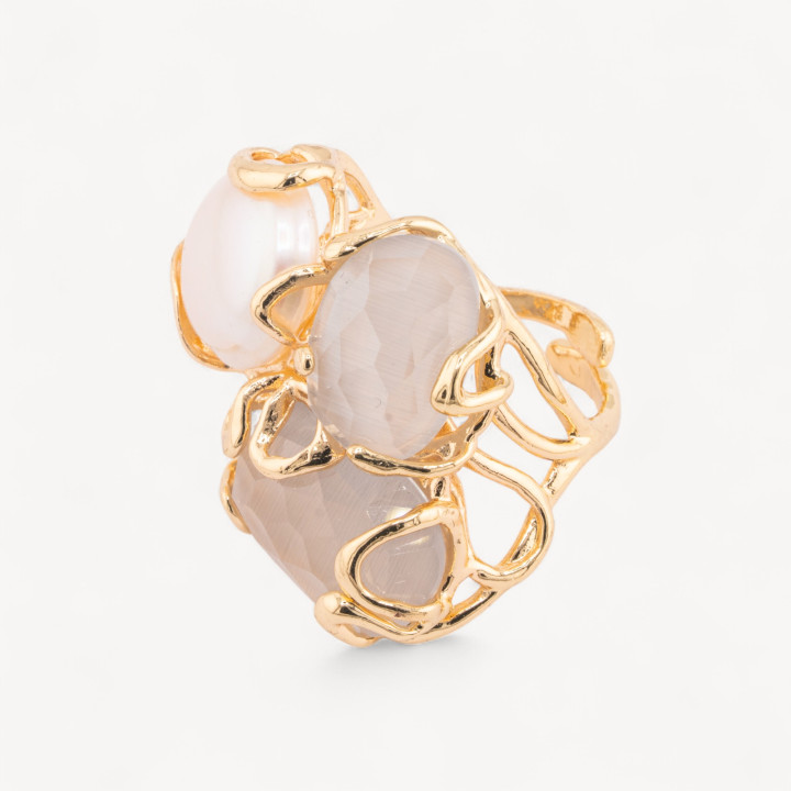 Anello Regolabile in Bronzo Dorato Collezione AURORA con Occhio Di Gatto Con Perle Di Fiume  Grigio Chiaro | Gioiello Artigiana