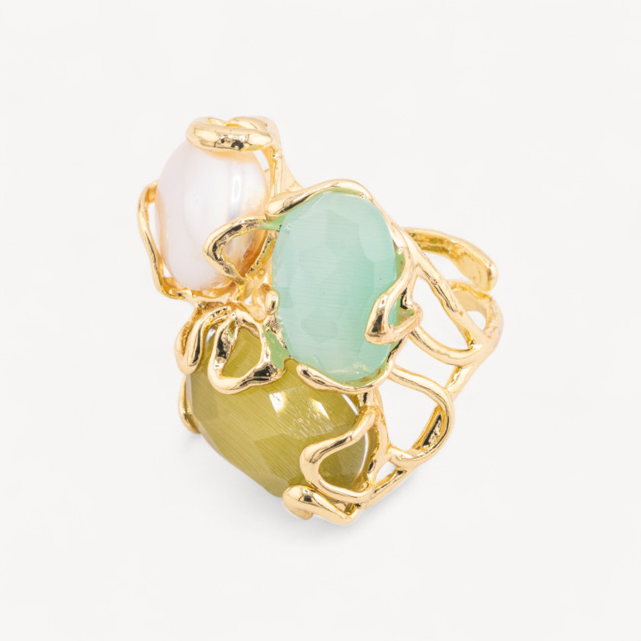 Anello Regolabile in Bronzo Dorato Collezione AURORA con Occhio Di Gatto Con Perle Di Fiume  MIX Colori Casuali | Gioiello Arti
