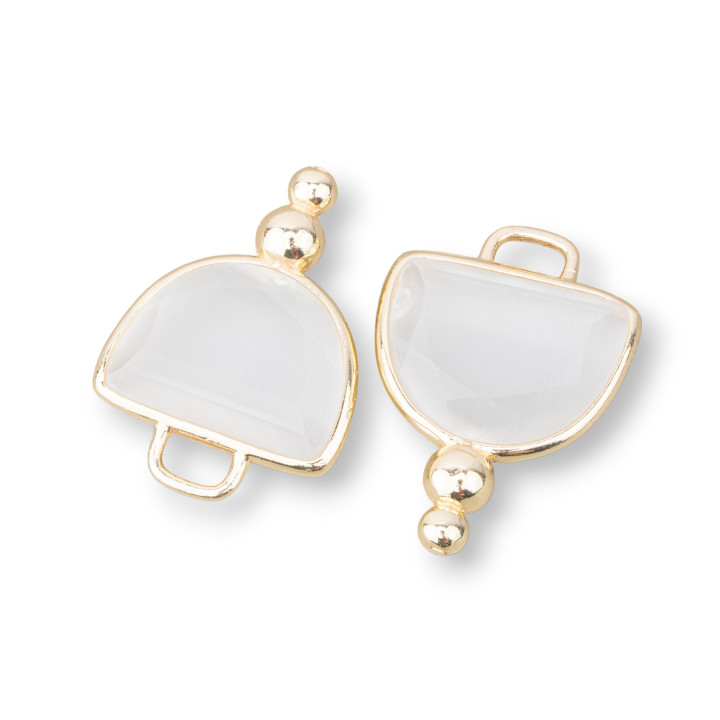 Connettore Componente Di Ottone Con Occhio Di Gatto Sfaccettato Semisfera Con 2 Palline 16x22mm 10pz Dorato Bianco Trasparente