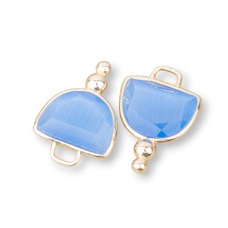 Connettore Componente Di Ottone Con Occhio Di Gatto Sfaccettato Semisfera Con 2 Palline 16x22mm 10pz Dorato Celeste