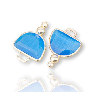 Connettore Componente Di Ottone Con Occhio Di Gatto Sfaccettato Semisfera Con 2 Palline 16x22mm 10pz Dorato Azzurro