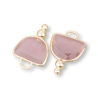 Messing-Komponentenverbinder, facettierte Katzenaugen-Halbkugel mit 2 Kugeln, 16 x 22 mm, 10 Stück, Blush