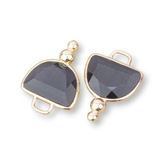 Hemisphere Faceted Cat's Eye Brass Component Connector With 2 Balls 16x22mm 10pcs Dark Grey