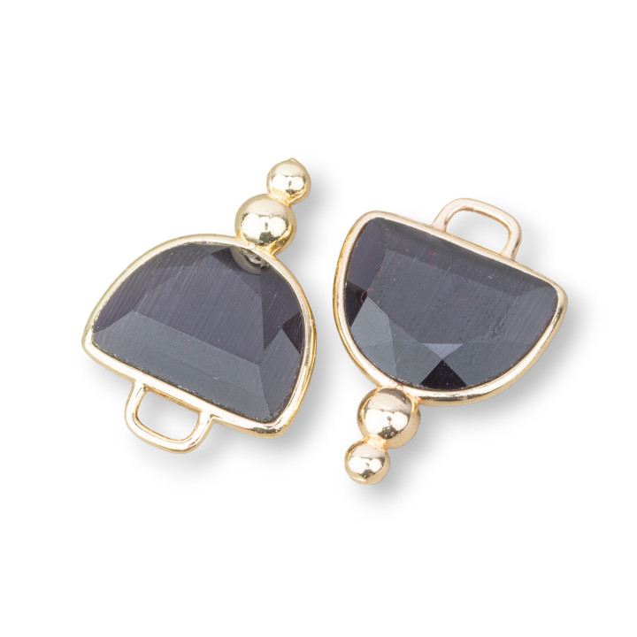 Hemisphere Faceted Cat's Eye Brass Component Connector With 2 Balls 16x22mm 10pcs Dark Grey