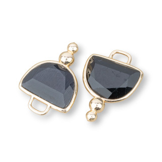 Hemisphere Faceted Cat's Eye Brass Component Connector With 2 Balls 16x22mm 10pcs Noir