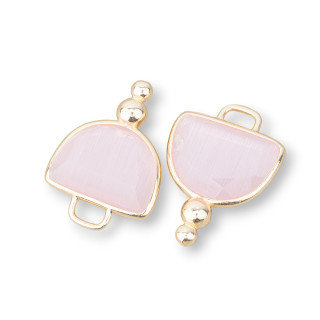 Brass Component Connector with Cat's Eye Faceted Hemisphere with 2 Balls 16x22mm 10pcs Pink