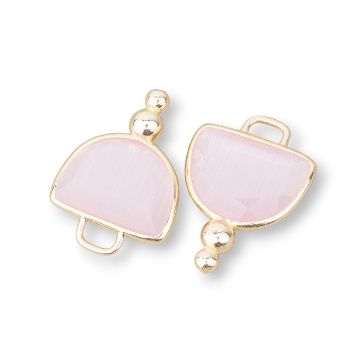 Brass Component Connector with Cat's Eye Faceted Hemisphere with 2 Balls 16x22mm 10pcs Pink